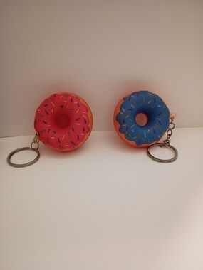 Donut Keychain Pair - Pink & Blue Frosting About 2" Round Rubber Type